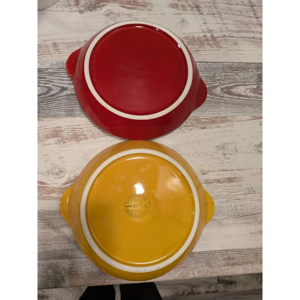 Sur La Table Italy Ceramic Serving Bowls Set of 2 Red Mustard Leaf Handles 9.5